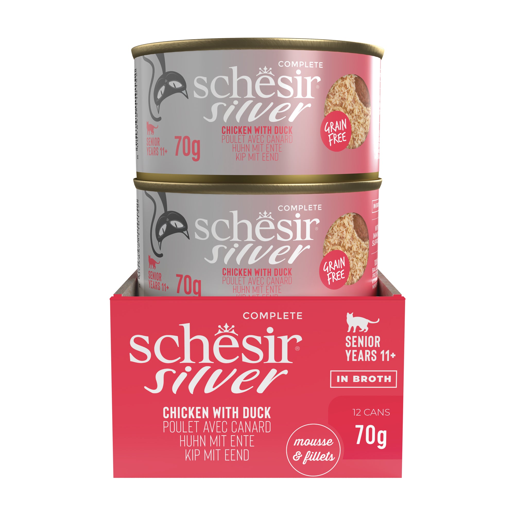 Schesir Silver Chicken With Duck in Broth Grain-Free Senior Canned Cat Food (70g)