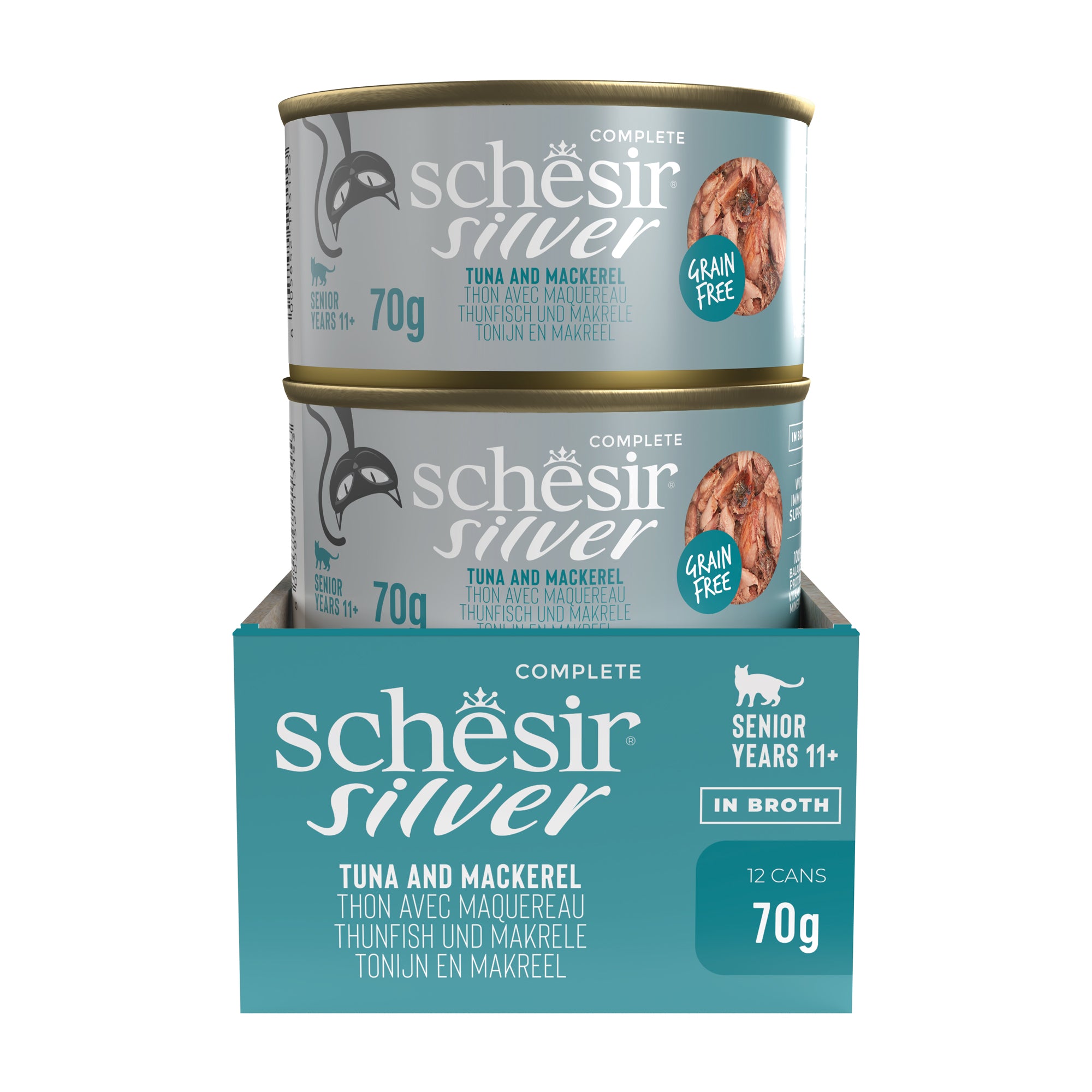 Schesir Silver Tuna & Mackerel in Broth Grain-Free Senior Canned Cat Food (70g)