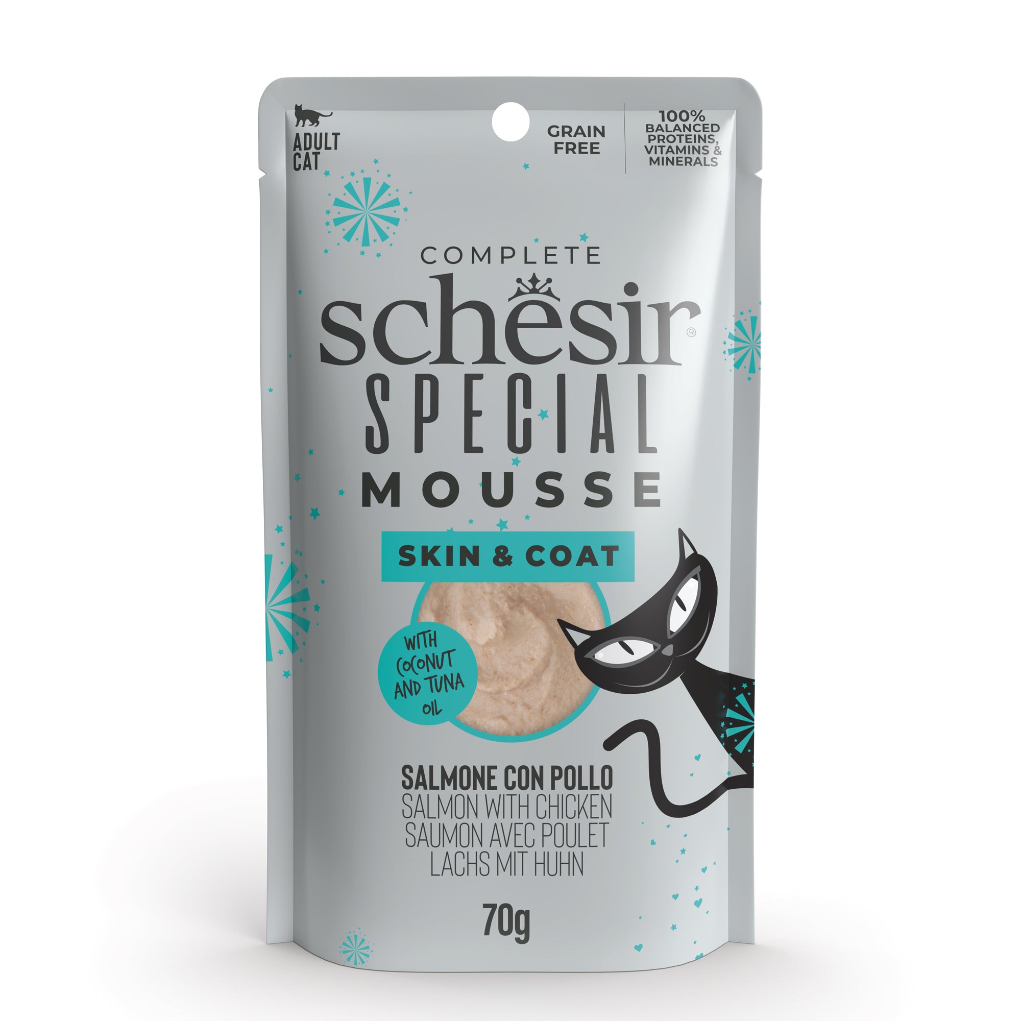 Schesir Special Mousse Skin & Coat Salmon With Chicken Grain-Free Adult Pouch Cat Food (70g)