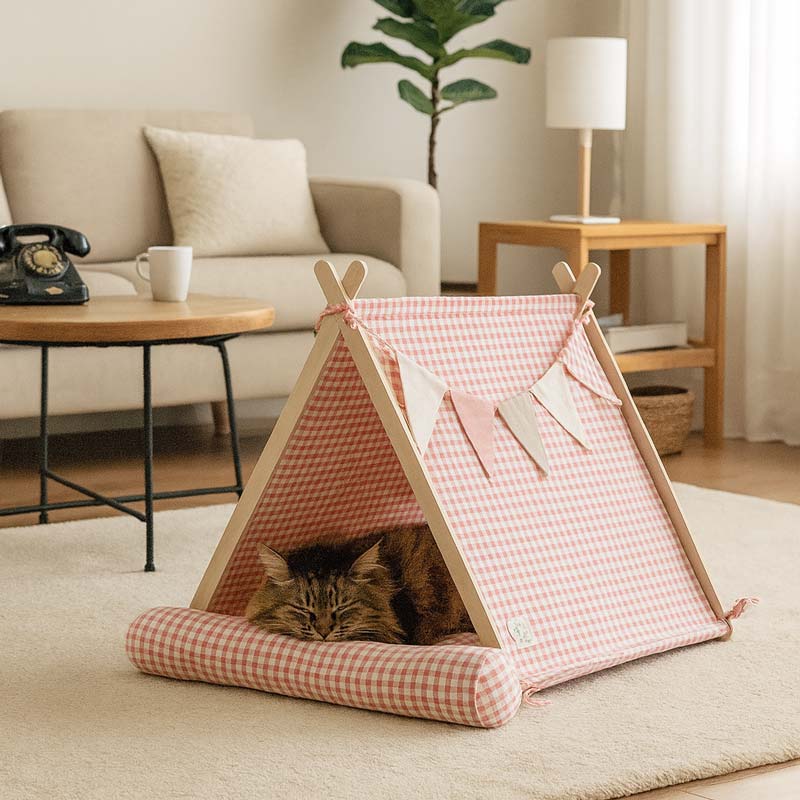 Gingham Pet Tent with Cushion