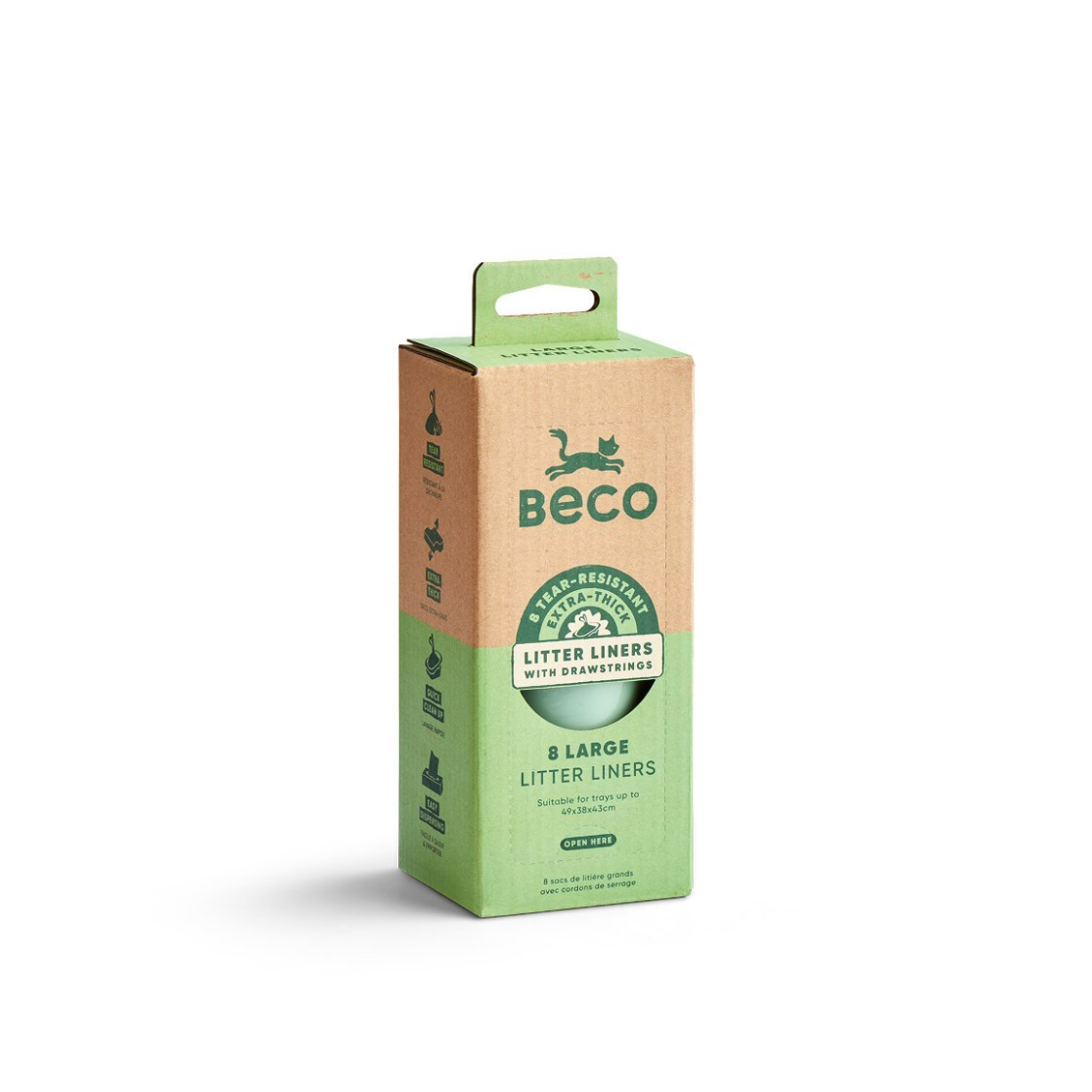 A tall rectangular cardboard box for Beco litter cleaner, shown upright on a plain white background. The box is primarily light green and tan kraft paper, with the Beco brand name and a cat silhouette printed on the front.