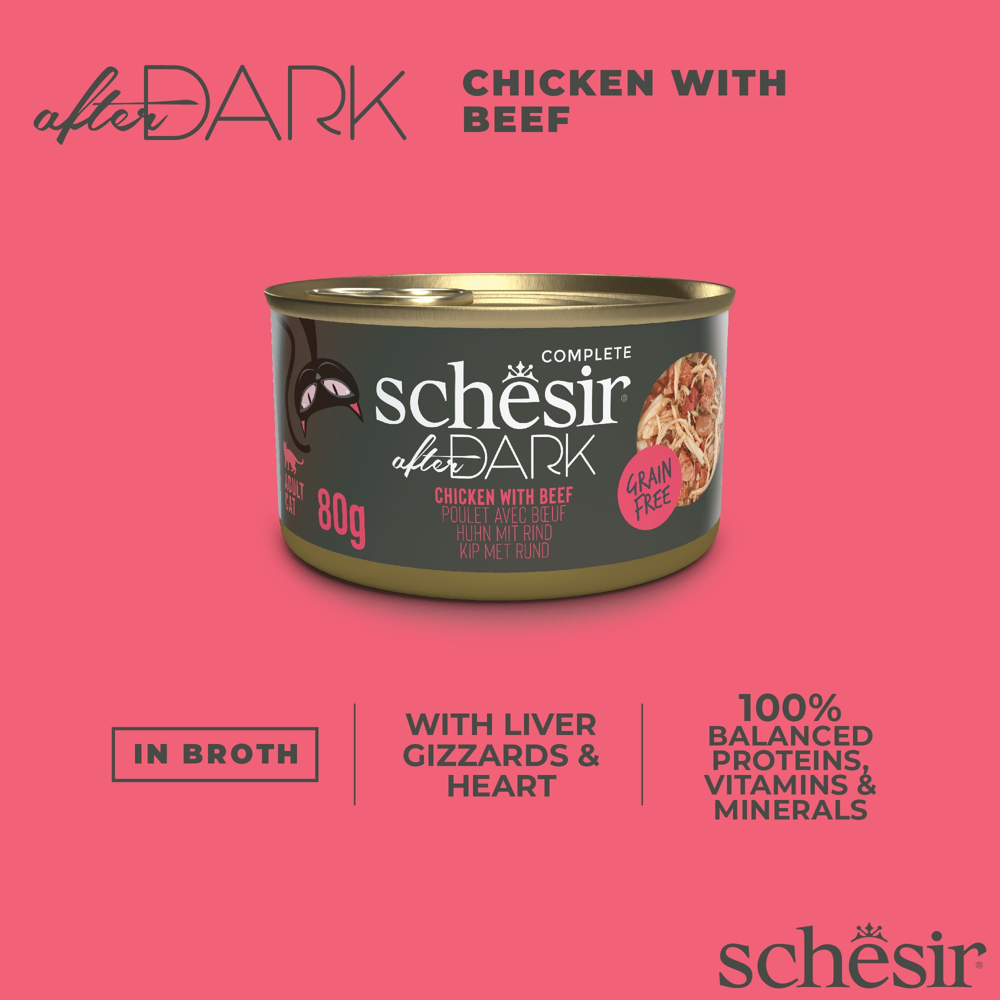 Schesir After Dark Chicken With Beef in Broth Grain-Free Adult Canned Cat Food (80g)