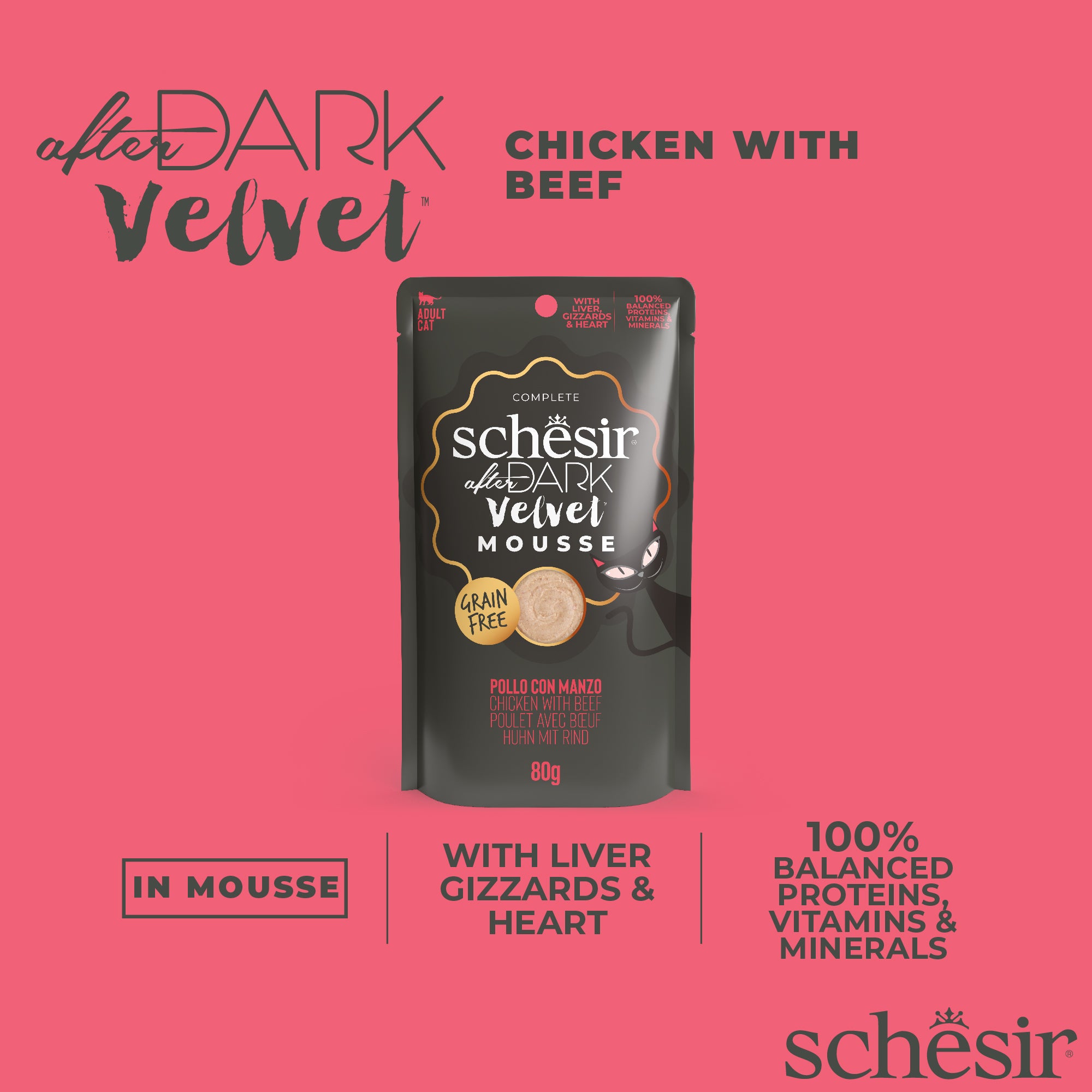 Schesir After Dark Velvet Mousse Chicken With Beef Grain-Free Adult Pouch Cat Food (80g)