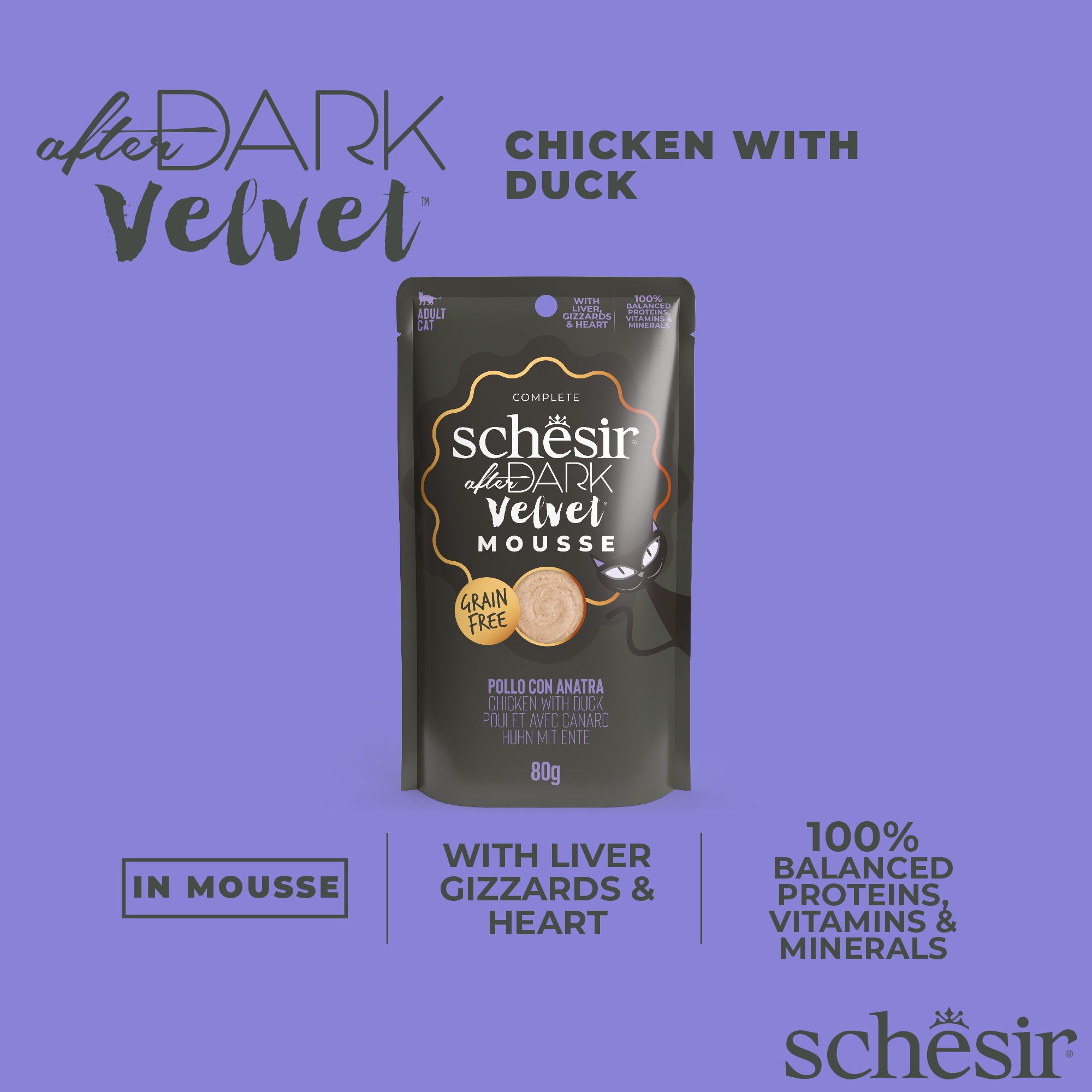 Schesir After Dark Velvet Mousse Chicken With Duck Grain-Free Adult Pouch Cat Food (80g)