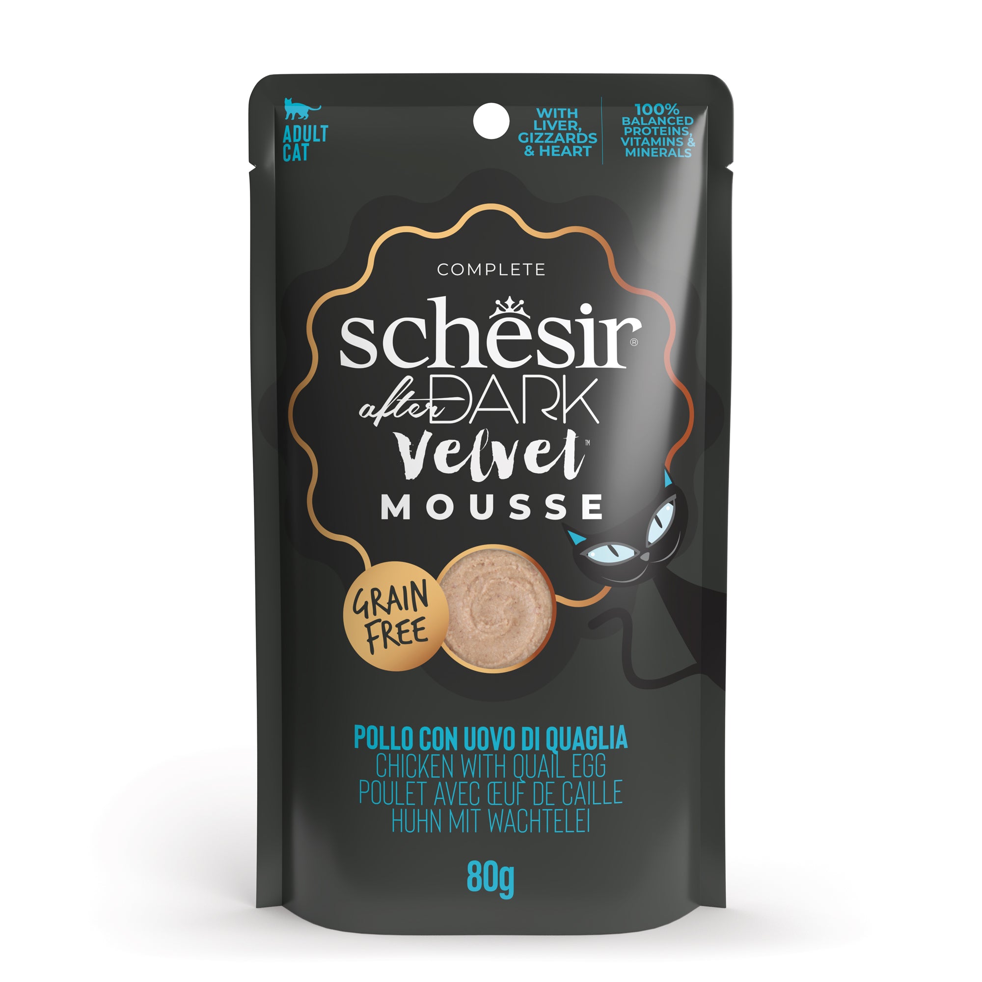 Schesir After Dark Velvet Mousse Chicken With Quail Egg Grain-Free Adult Pouch Cat Food (80g)