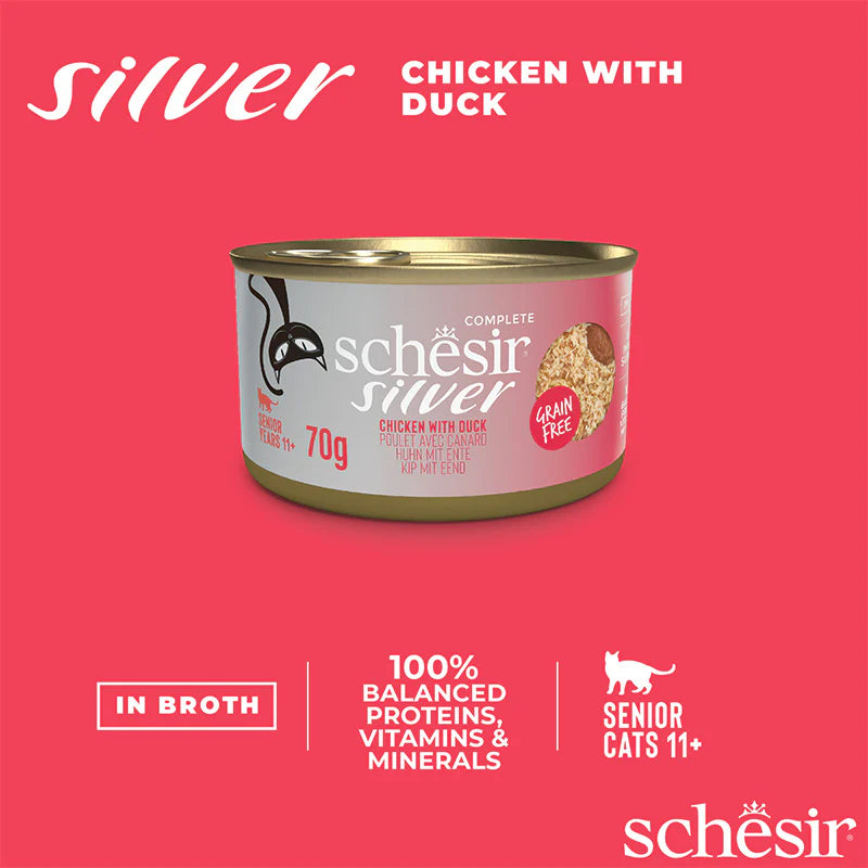Schesir Silver Chicken With Duck in Broth Grain-Free Senior Canned Cat Food (70g)