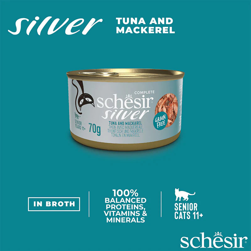 Schesir Silver Tuna & Mackerel in Broth Grain-Free Senior Canned Cat Food (70g)