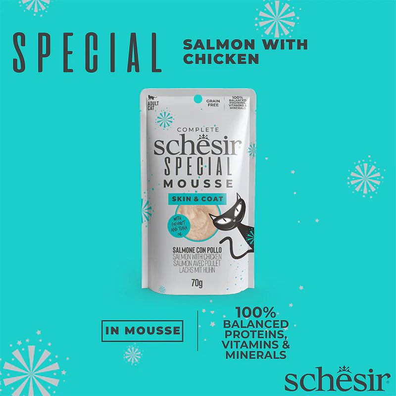 Schesir Special Mousse Skin & Coat Salmon With Chicken Grain-Free Adult Pouch Cat Food (70g)