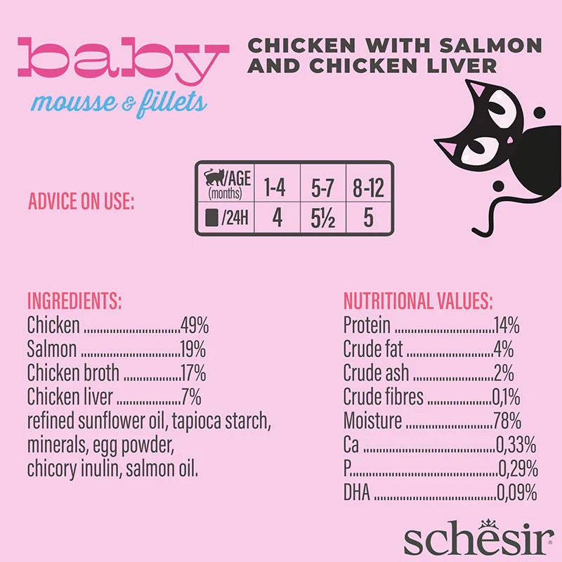 Schesir Baby Mousse & Fillets Chicken With Salmon & Chicken Liver Grain-Free Kitten Canned Cat Food (3 x 55g)