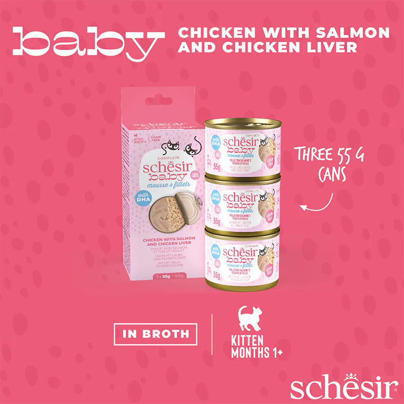 Schesir Baby Mousse & Fillets Chicken With Salmon & Chicken Liver Grain-Free Kitten Canned Cat Food (3 x 55g)