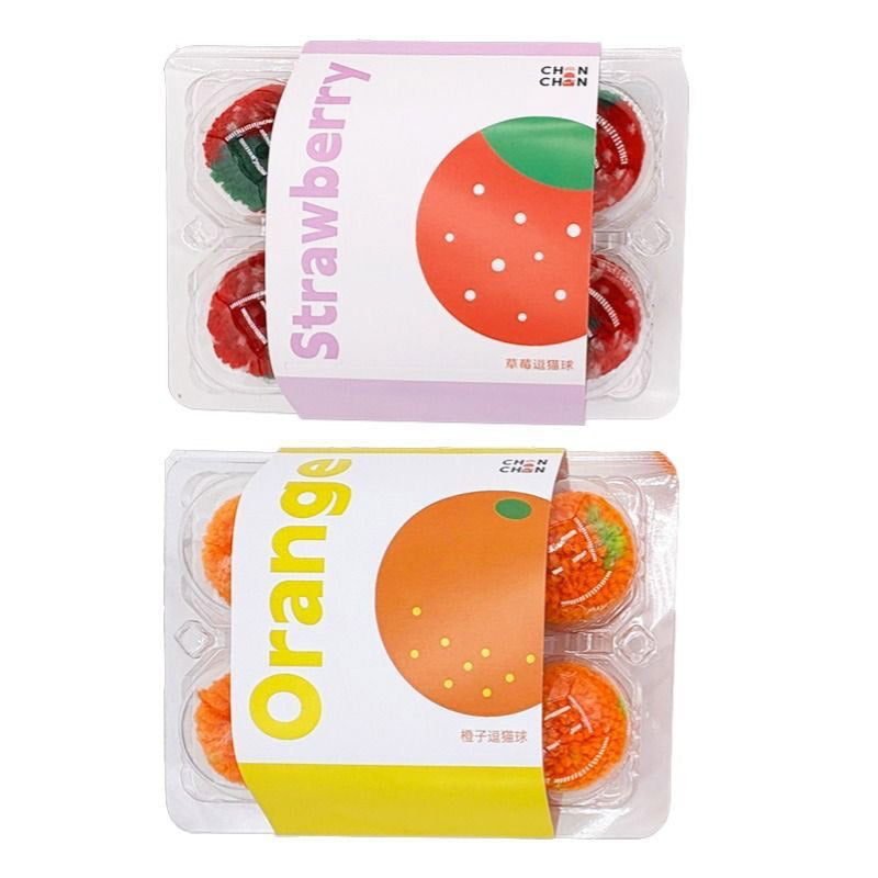 Fruit Crate Furry Ball Cat Toy (Orange/Strawberry)