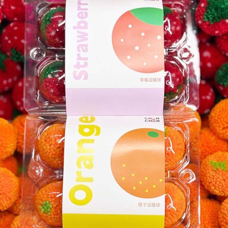 Fruit Crate Furry Ball Cat Toy (Orange/Strawberry)