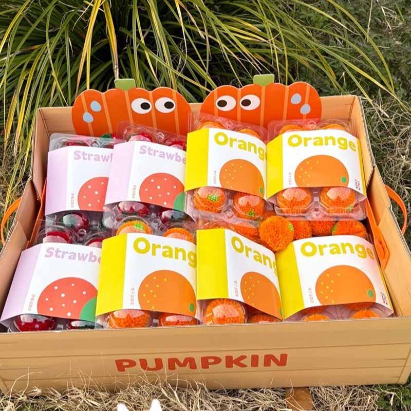 Fruit Crate Furry Ball Cat Toy (Orange/Strawberry)