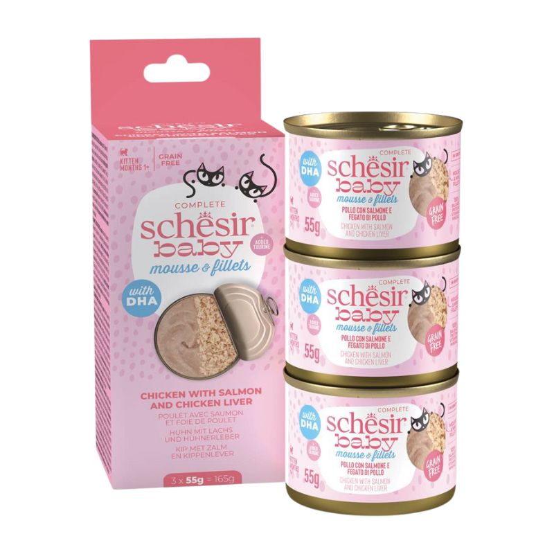 Schesir Baby Mousse & Fillets Chicken With Salmon & Chicken Liver Grain-Free Kitten Canned Cat Food (3 x 55g)
