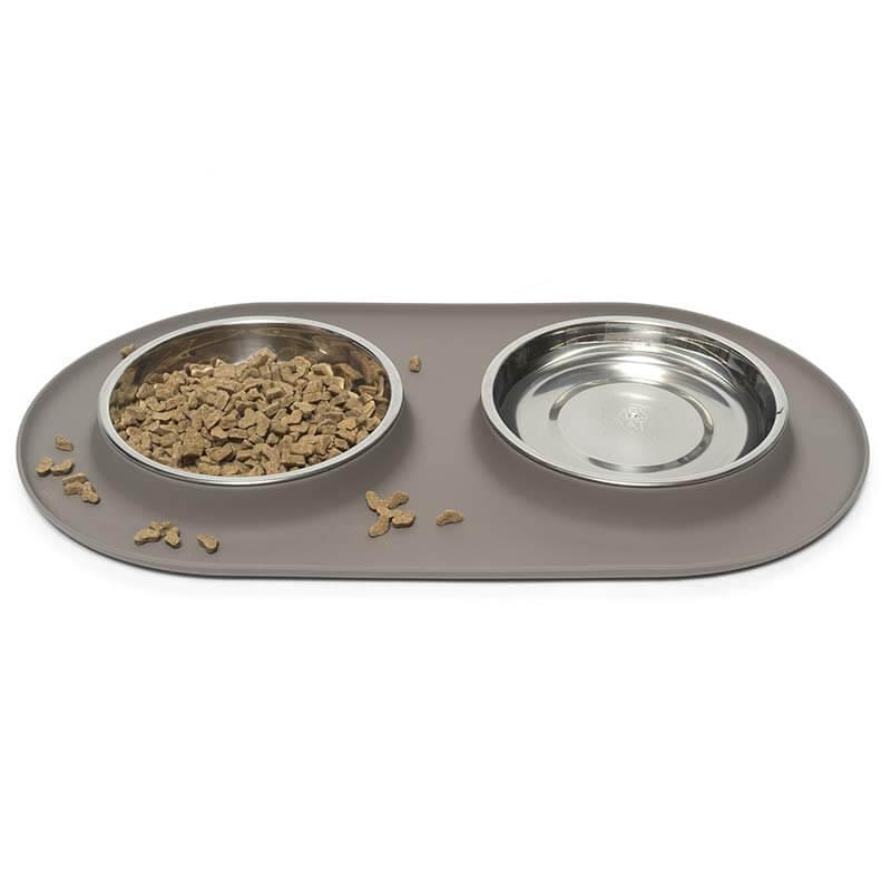 Double Silicone Cat Feeder with Stainless Saucer Shaped Bowl (Grey)