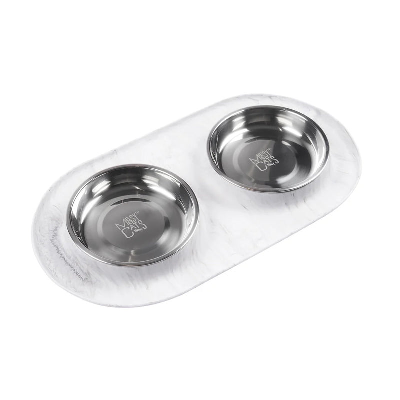 Double Silicone Cat Feeder with Stainless Saucer Shaped Bowl (Marble)