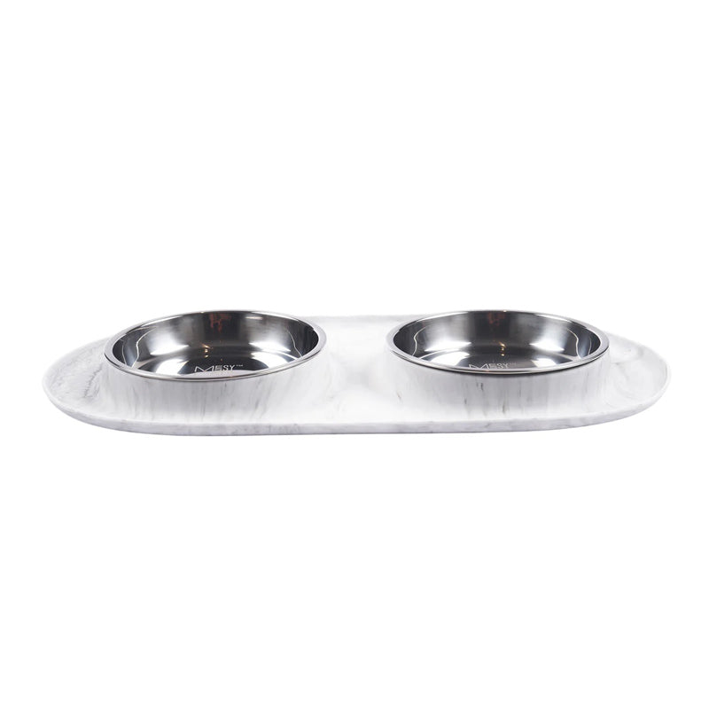 Double Silicone Cat Feeder with Stainless Saucer Shaped Bowl (Marble)