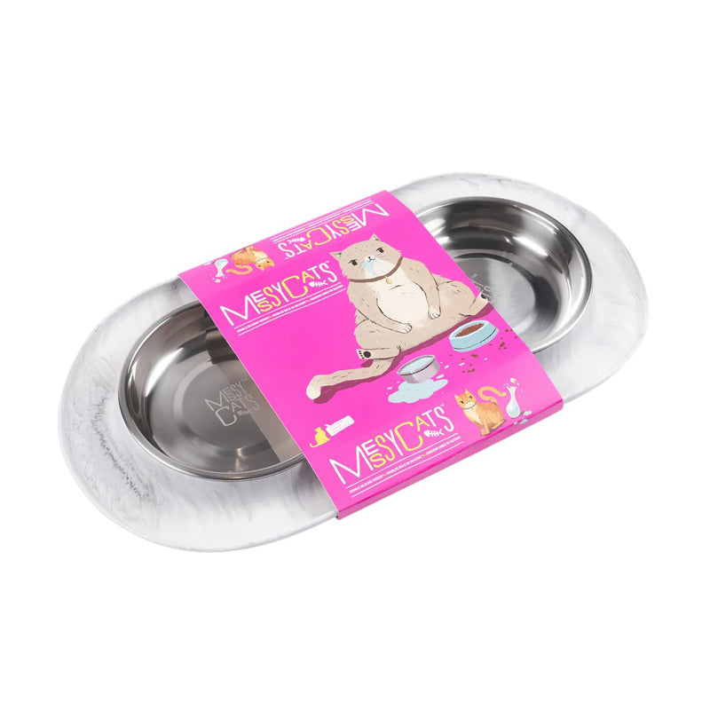 Double Silicone Cat Feeder with Stainless Saucer Shaped Bowl (Marble)