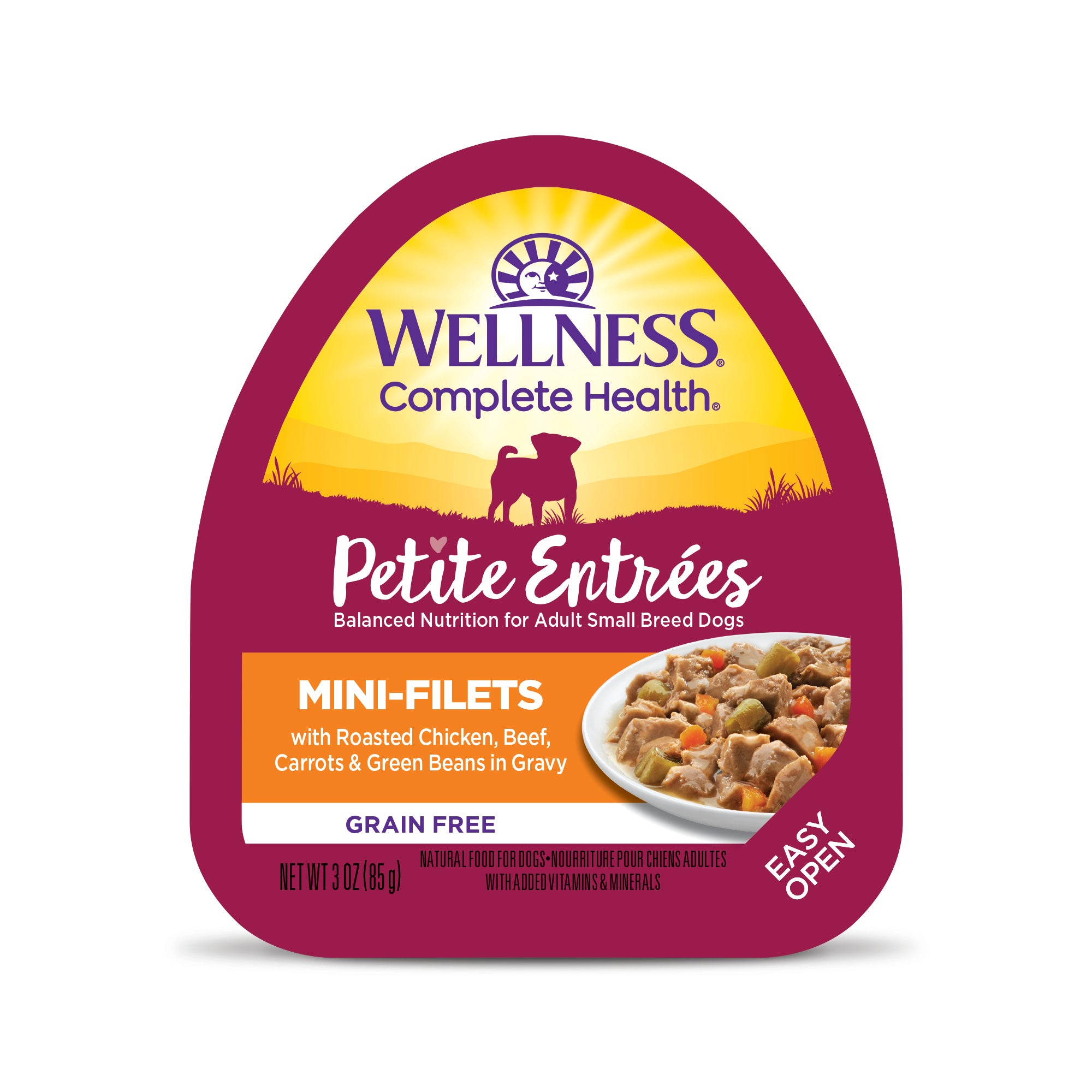 Wellness Petite Entrees Mini-Filets Roasted Chicken, Beef in Gravy Grain-Free Tray Dog Food (3oz)