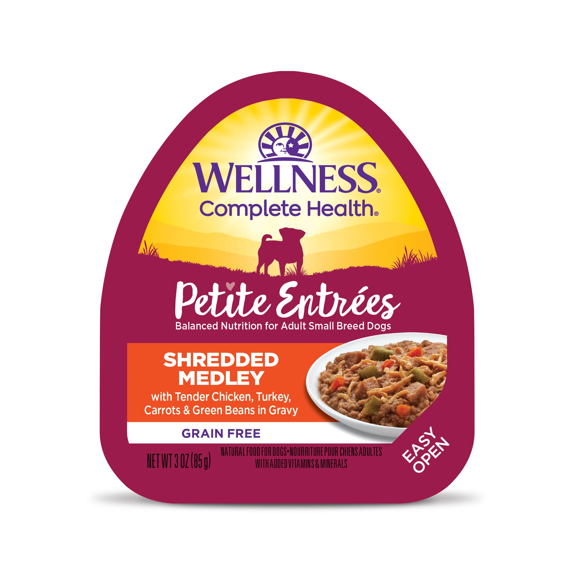 Wellness Petite Entrees Shredded Medley Tender Chicken, Turkey Grain-Free Tray Dog Food (3oz)