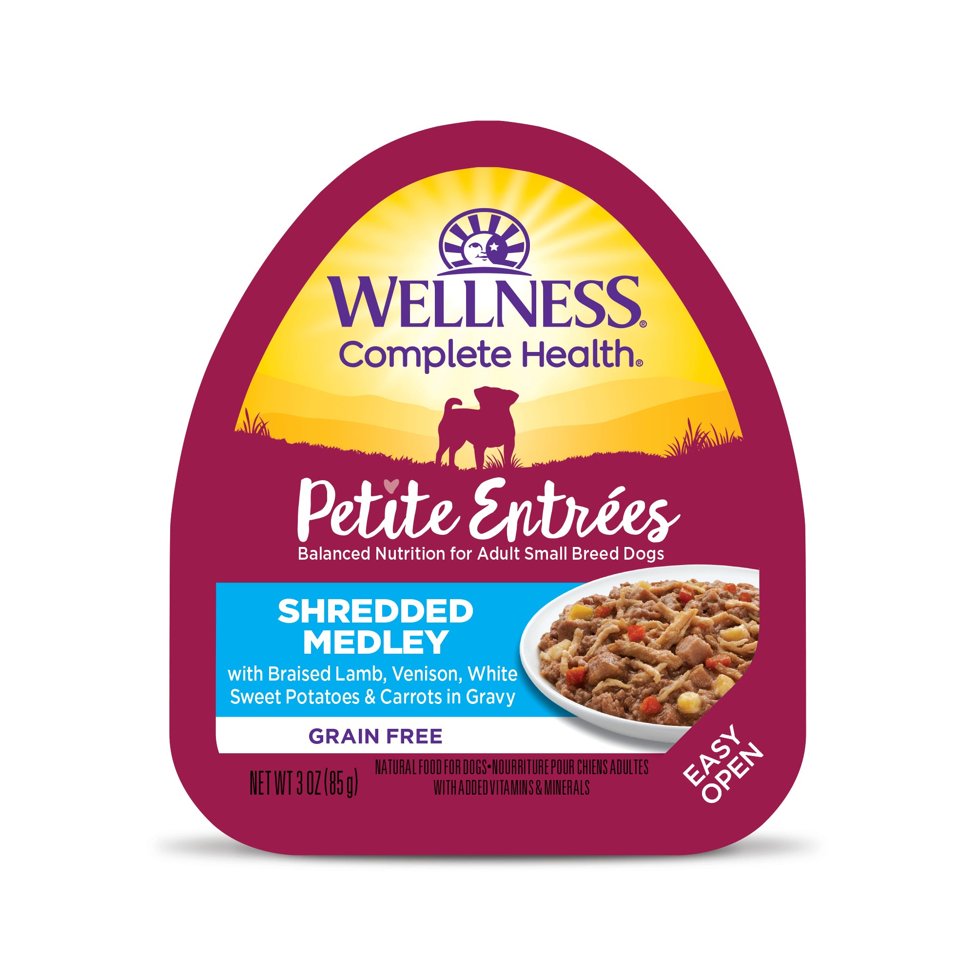 Wellness Petite Entrees Shredded Medley Braised Lamb, Venison Grain-Free Tray Dog Food (3oz)