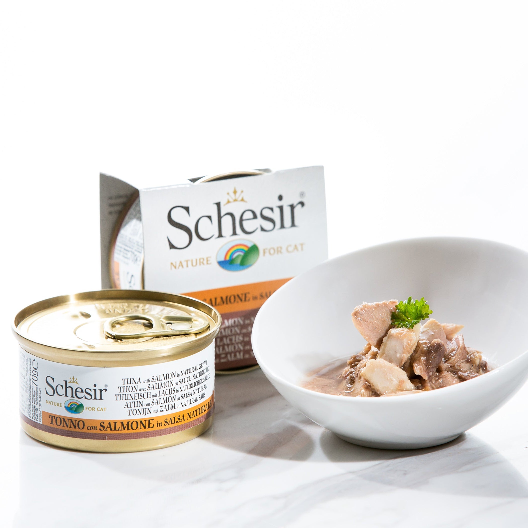 Schesir Tuna With Salmon In Natural Gravy Grain-Free Adult Canned Cat Food (70g)
