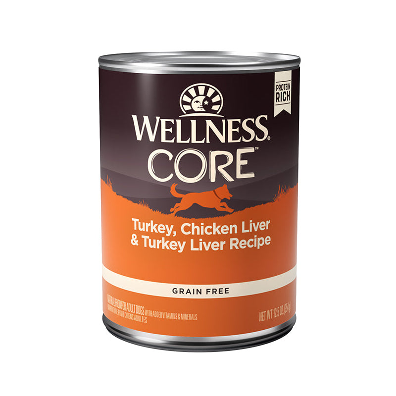 Image showcasing Wellness CORE Grain-Free Turkey, Chicken Liver & Turkey Liver Canned ...