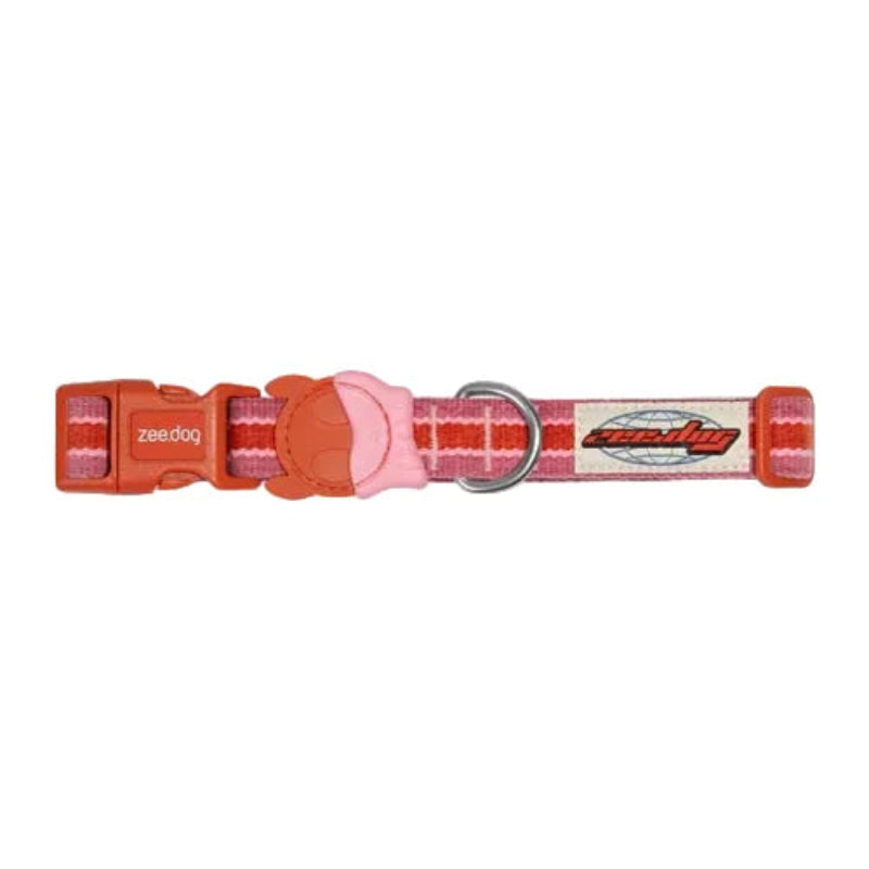 A Zeedoq dog collar featuring a pink and orange patterned fabric strap, a pink plastic buckle, and a silver metal ring, shown against a plain white background.