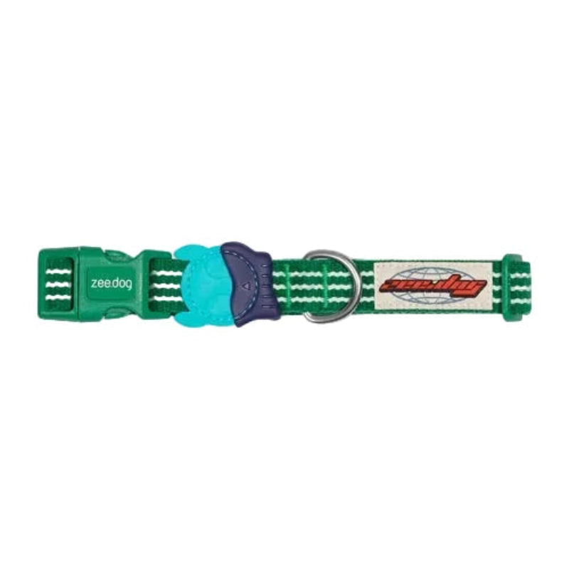 A green woven dog collar with a matching green plastic buckle, a turquoise and purple bone-shaped tag, and a metal D-ring. The collar features a white rectangular patch with the red 'zeedog' brand logo.