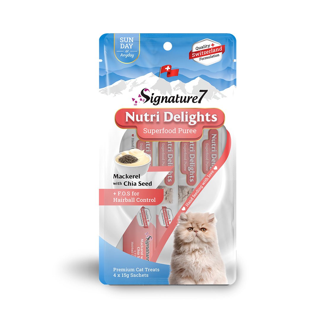 Signature7 Nutri Delights Superfood Puree - Mackerel with Chia seed for Hairball Control Grain - Free Cat Treats (15g x 4) (Copy) - CreatureLand