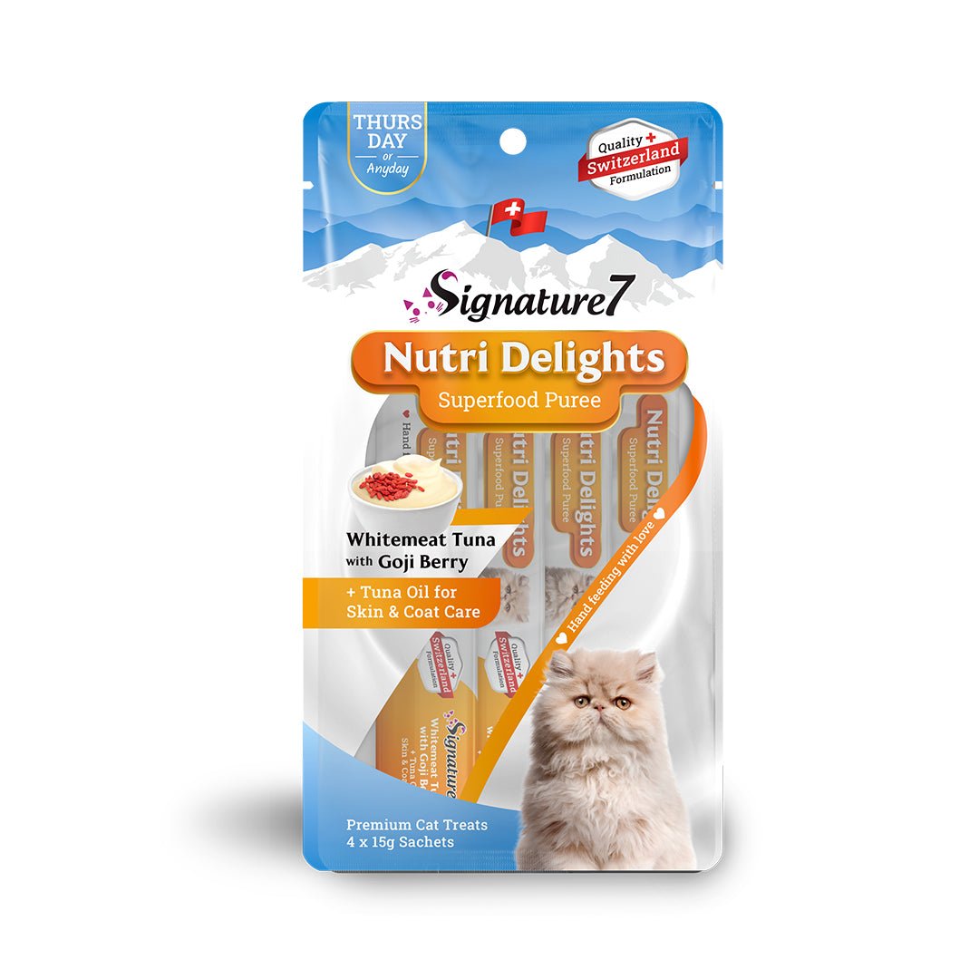 Signature7 Nutri Delights Superfood Puree - Whitemeat Tuna with Goji Berry for Skin and Coat Grain - Free Cat Treats (15g x 4) - CreatureLand