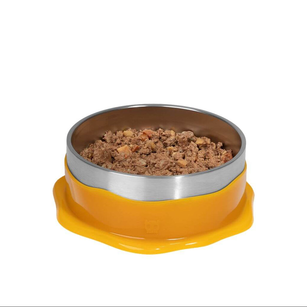 A pet food bowl with a bright yellow base, a stainless steel rim, and a bowl filled with wet food, set against a plain white background.
