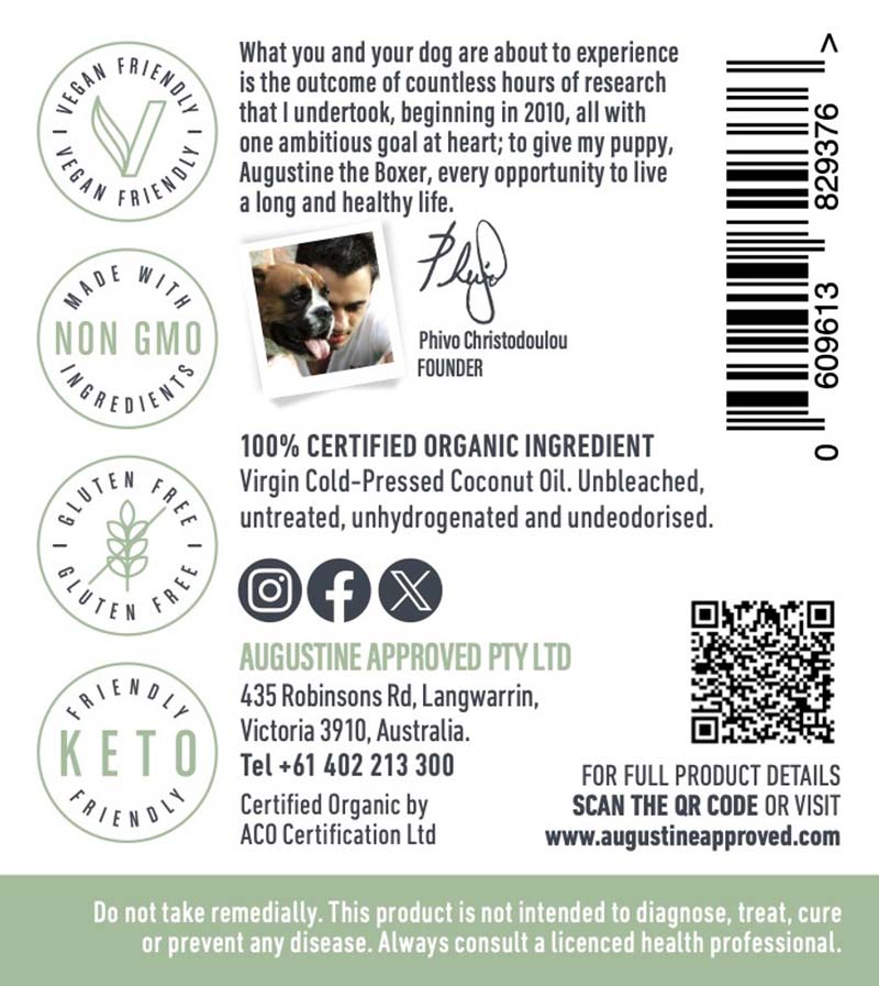 Augustine Approved Certified Organic Raw Coconut Oil For Dogs and Cats - 280g - CreatureLand