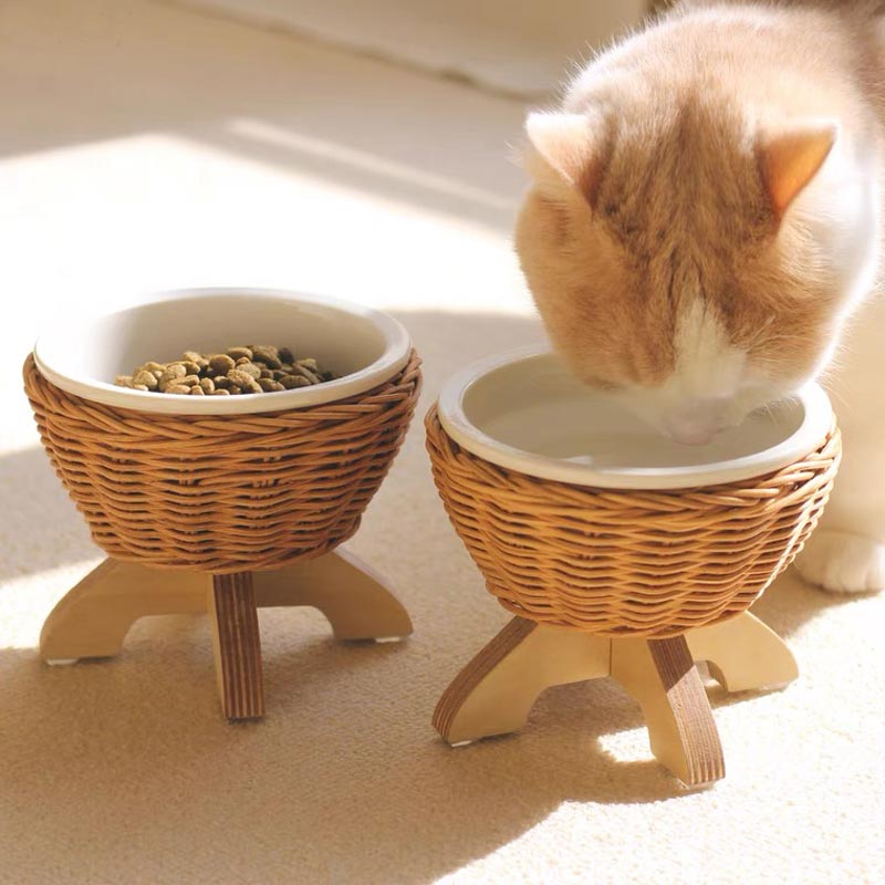 CatsCity Rattan & Ceramic Elevated Feeder - CreatureLand