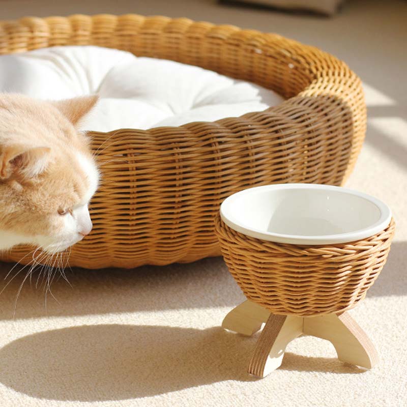 CatsCity Rattan & Ceramic Elevated Feeder - CreatureLand