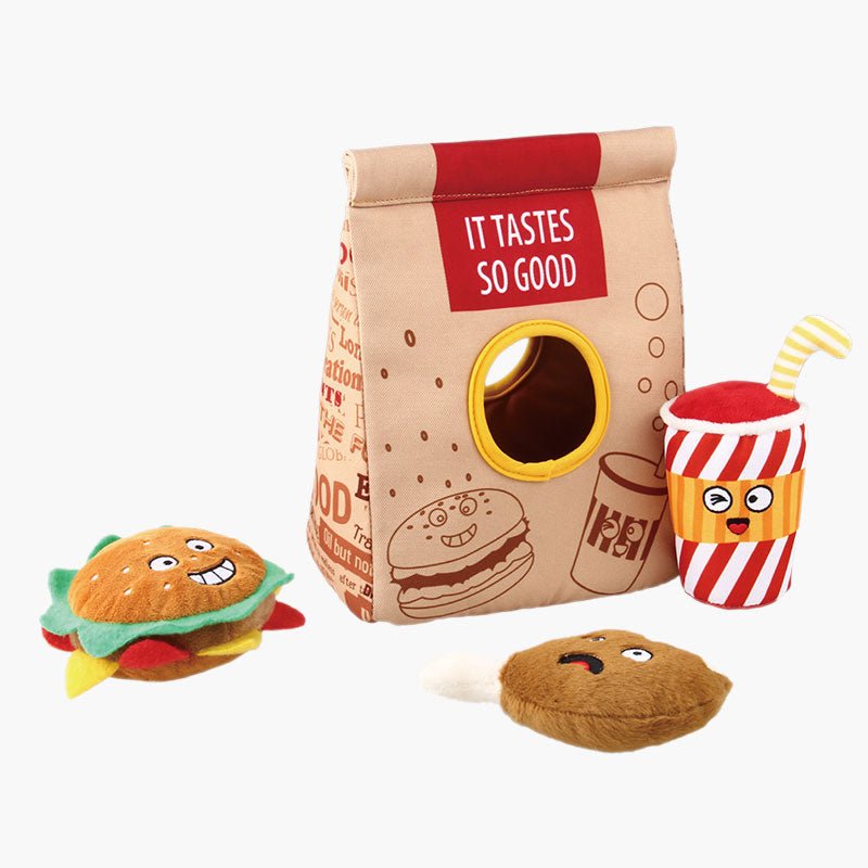 Glow Pups Hide and Seek Doggy Bag with Fast Food Shaped Dog Toys for Medium  and Large Dogs, Plush Hamburger, Fries and Milkshake Toys with Squeaker