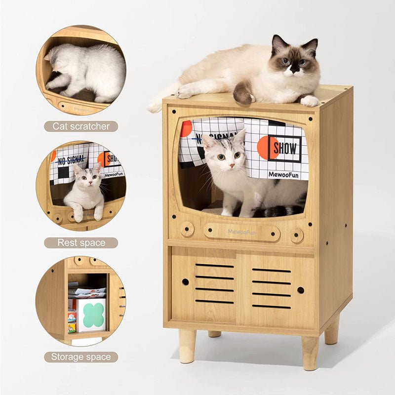 Mewoofun Wooden Tv Cat House with Scratcher & Storage (2 Colours) - CreatureLand