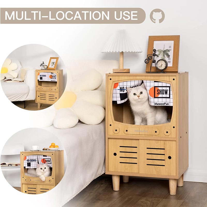 Mewoofun Wooden Tv Cat House with Scratcher & Storage (2 Colours) - CreatureLand