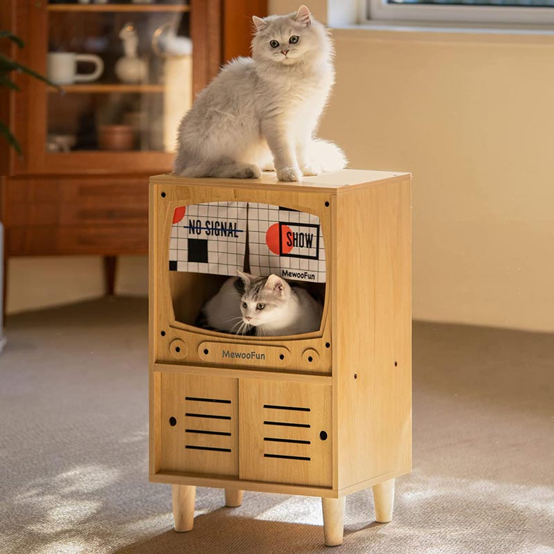 Mewoofun Wooden Tv Cat House with Scratcher & Storage (2 Colours) - CreatureLand