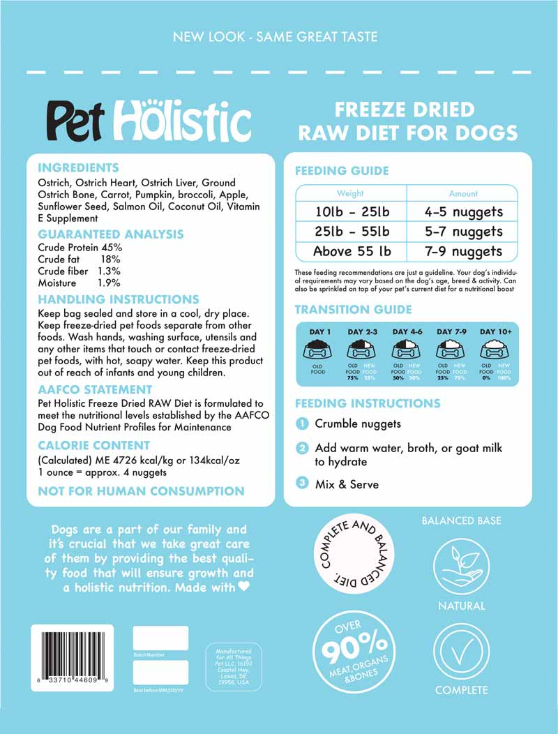 Pet Holistic Freeze Dried Raw Dog Food - Ostrich (14oz) - CreatureLand