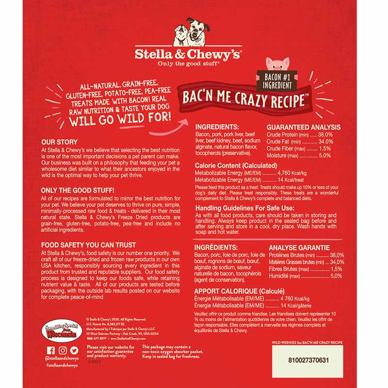 Stella & Chewy's Wild Weenies | Bac'n Me Crazy Freeze-Dried Raw Dog Treats (3oz) - CreatureLand