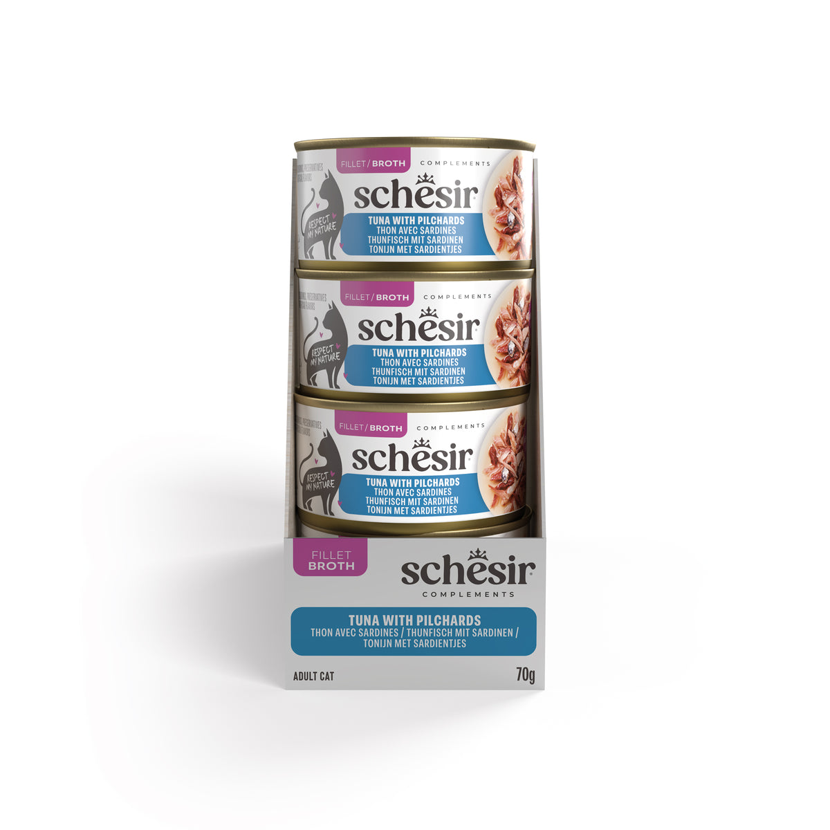 Schesir Complements Canned Wet Cat Food | Tuna with Pilchards in Broth (70g)