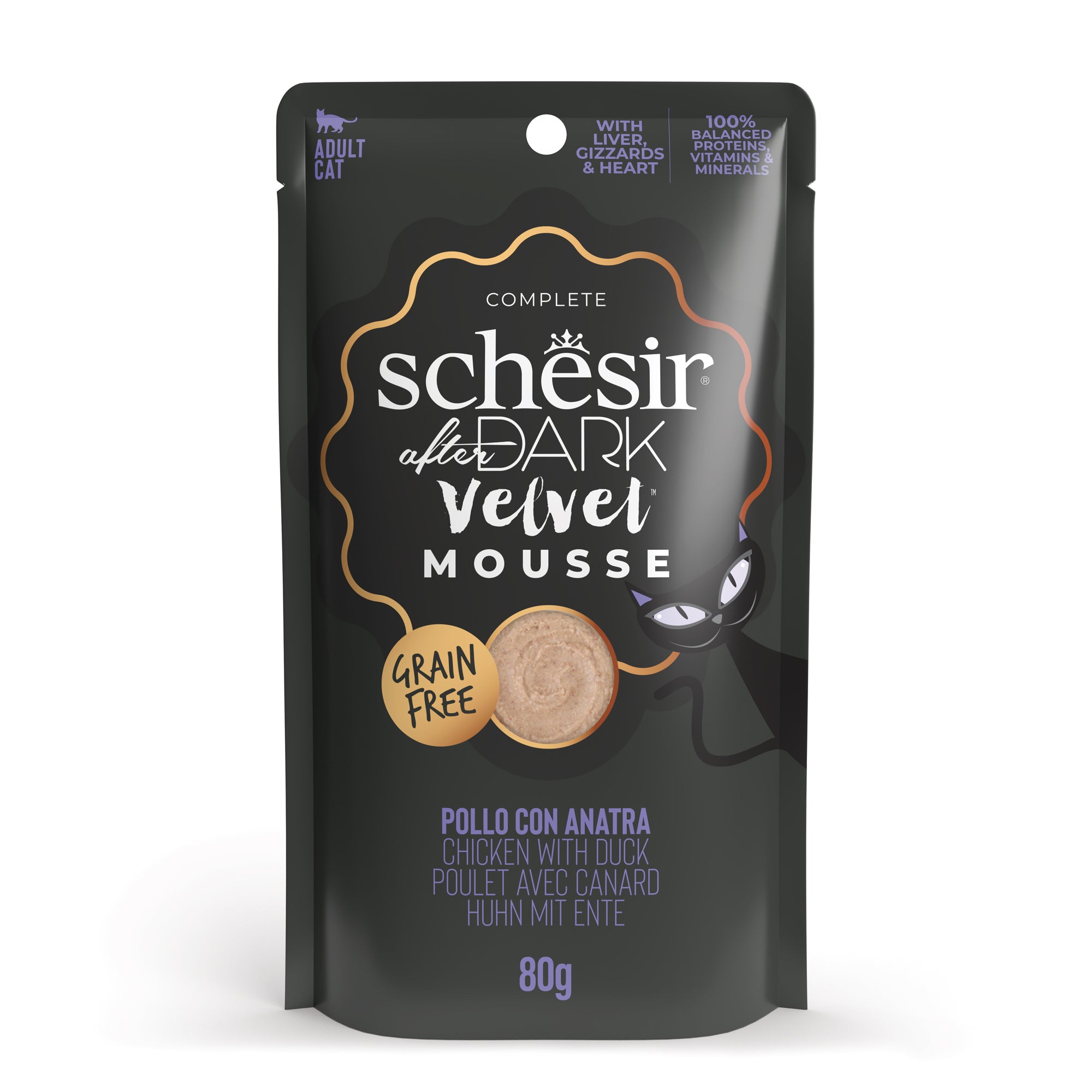Schesir After Dark Velvet Mousse Chicken With Duck Grain-Free Adult Pouch Cat Food (80g)