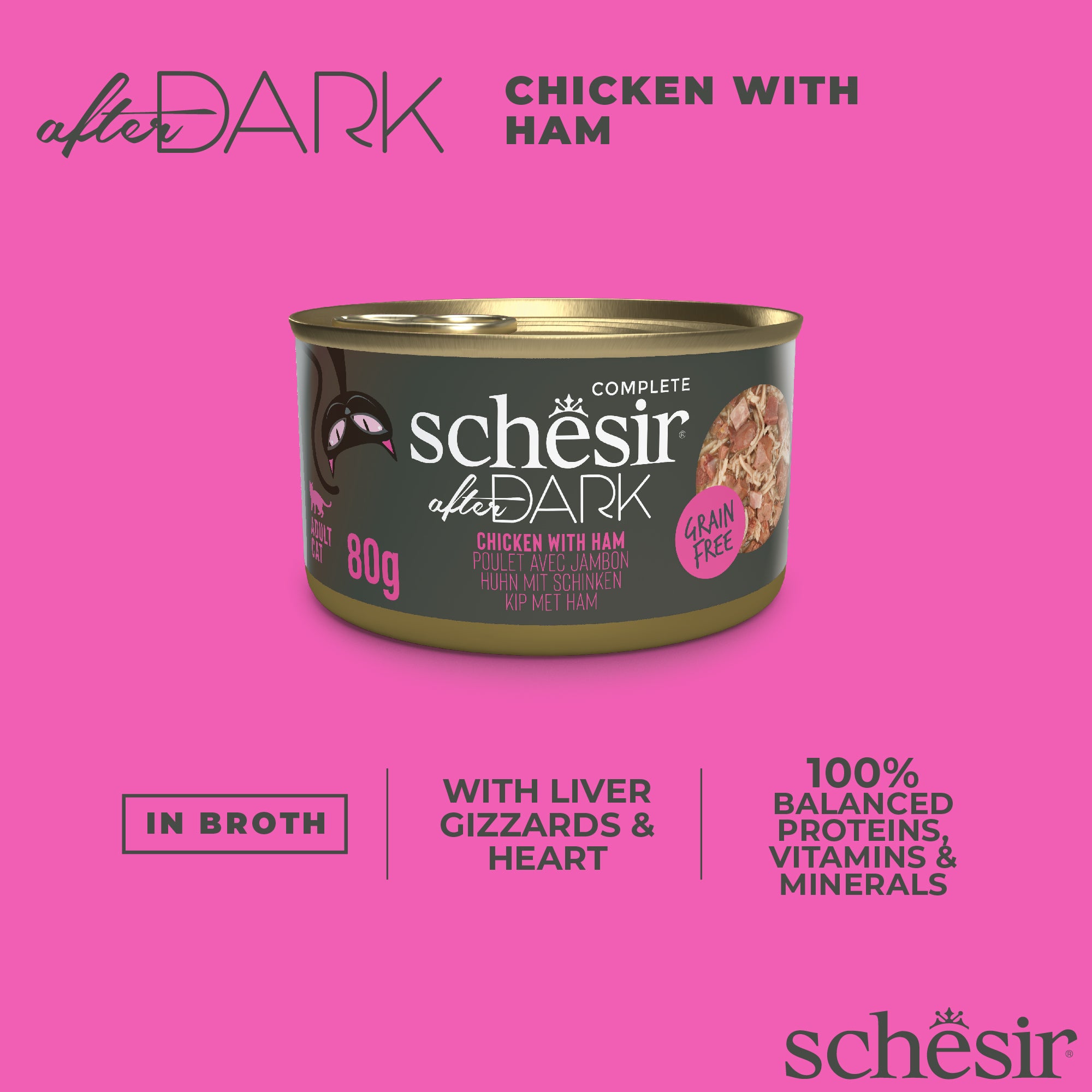 Schesir After Dark Chicken With Ham in Broth Grain-Free Adult Canned Cat Food (80g)