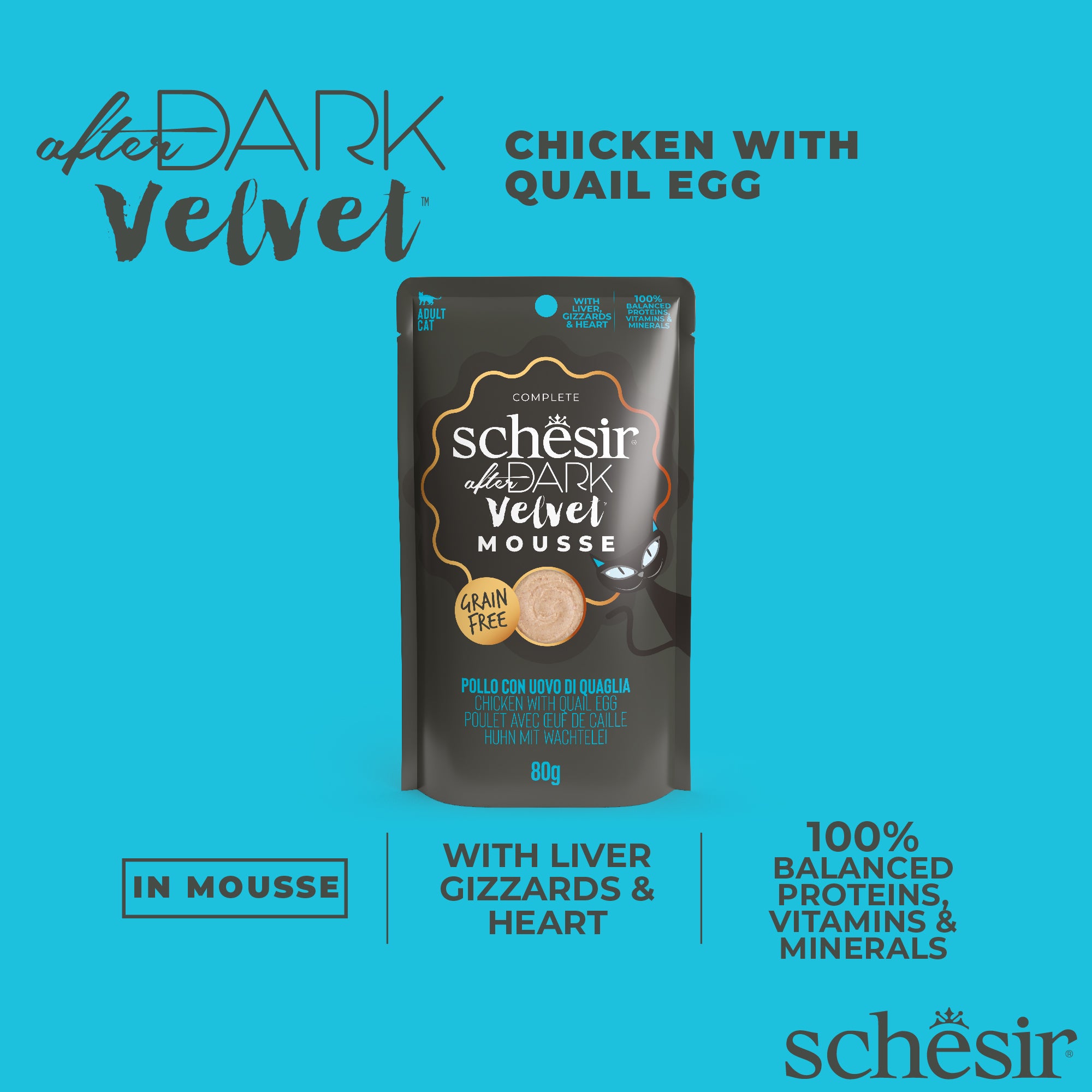 Schesir After Dark Velvet Mousse Chicken With Quail Egg Grain-Free Adult Pouch Cat Food (80g)