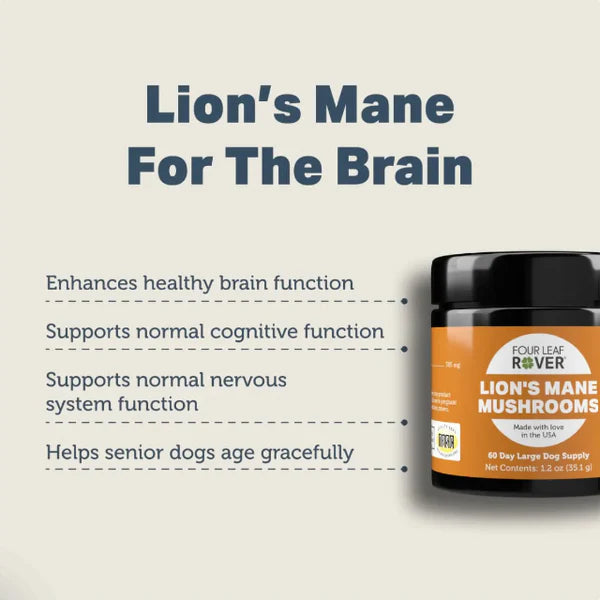 Four leaf rover lion’s mane mushroom dog supplement CreatureLand 