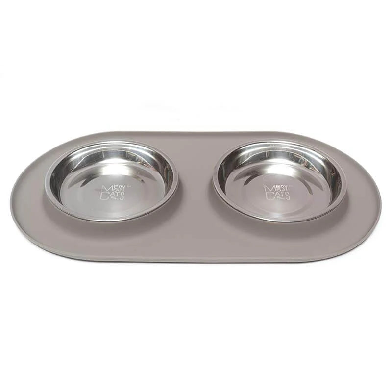 Double Silicone Cat Feeder with Stainless Saucer Shaped Bowl (Grey)