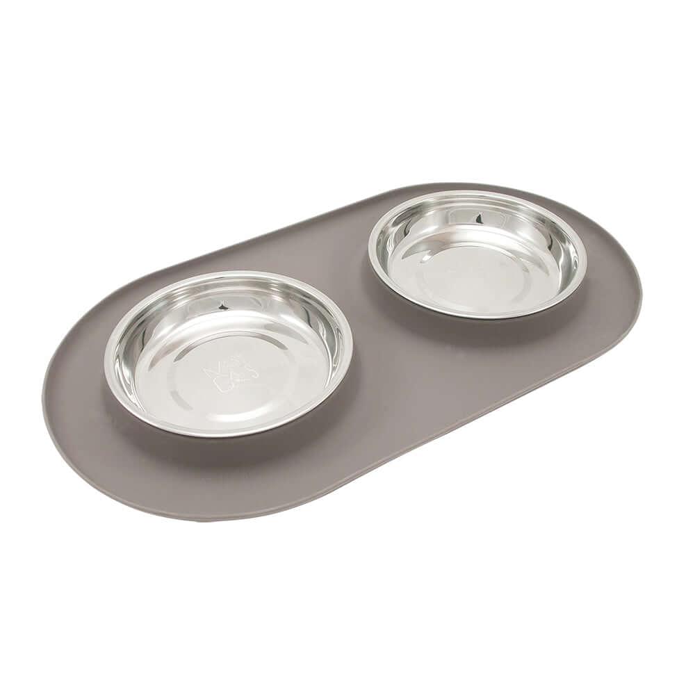 Double Silicone Cat Feeder with Stainless Saucer Shaped Bowl (Grey)