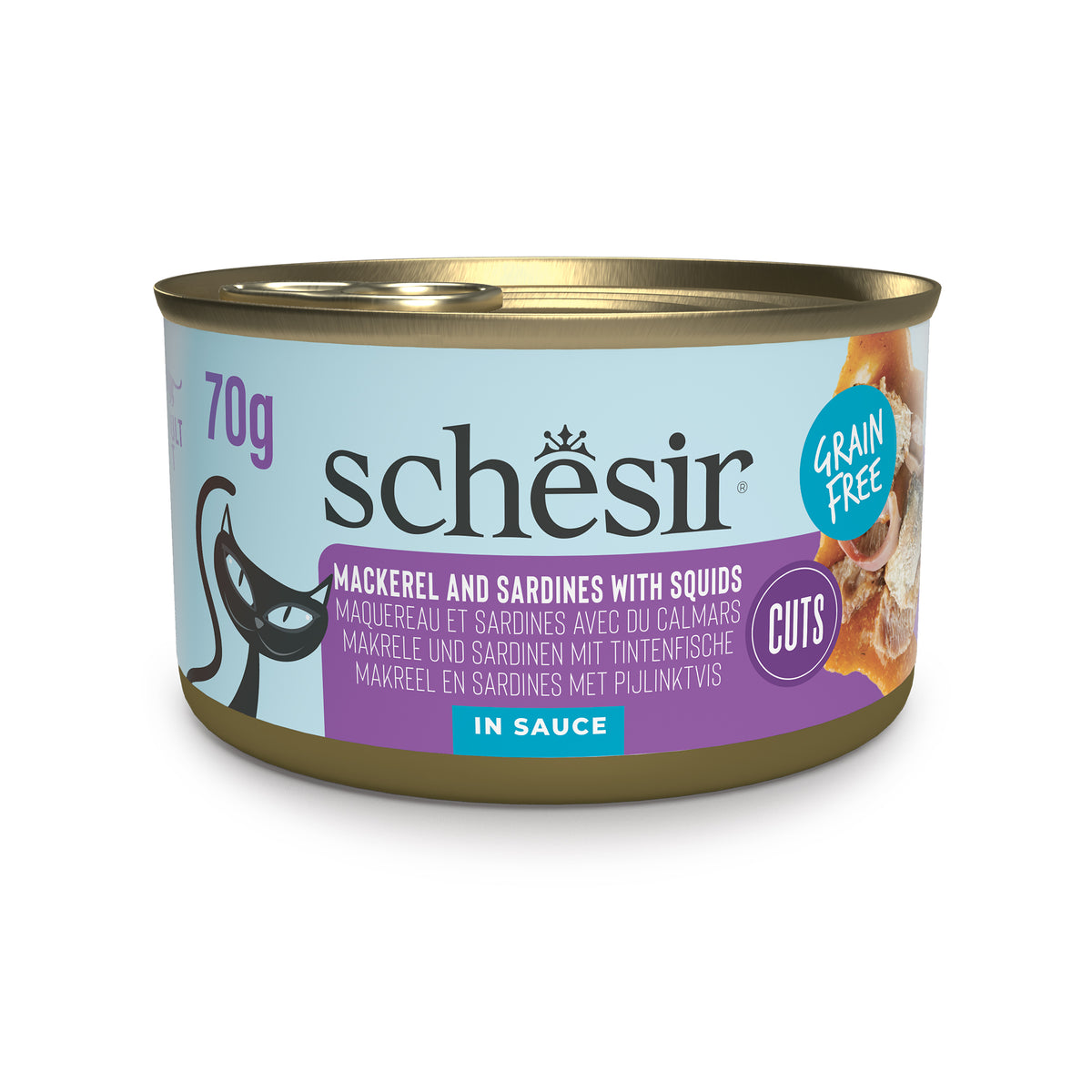 Schesir Grill Wholefood Canned Wet Cat Food | Mackerel and Sardines Fillets with Squids in Sauce (70g)
