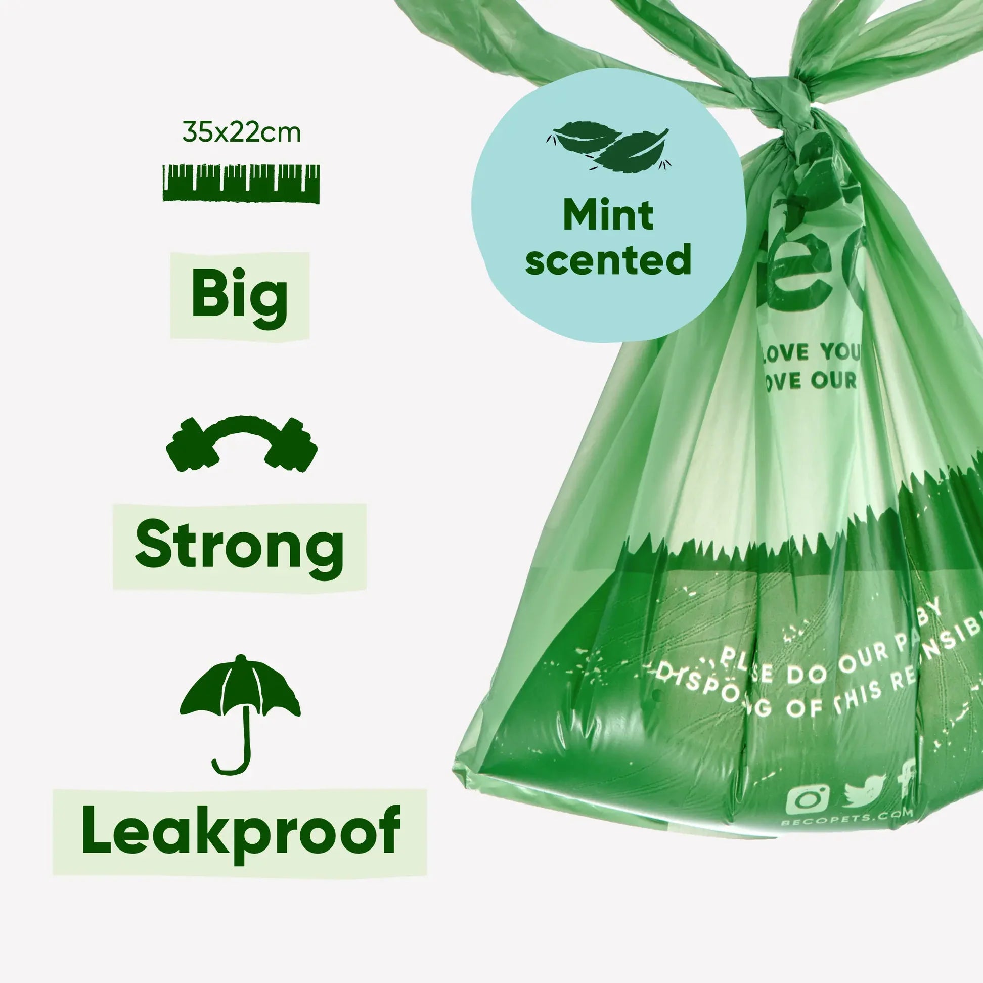 Beco Poop Bags With Handles – Leak-Proof, 100% Recycled Plastic (Mint Scented)